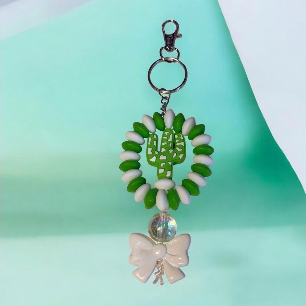 Green & White Cactus Keychain with Bow Charm